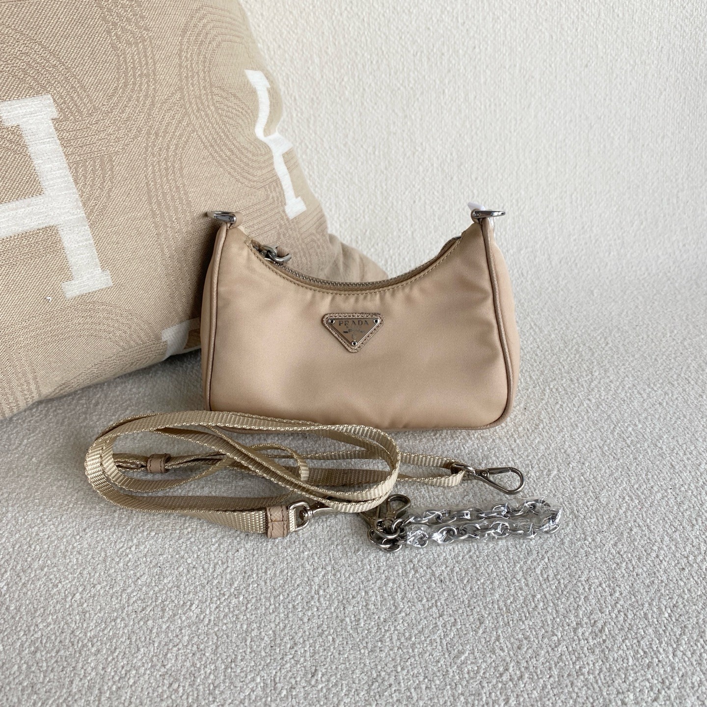 PRADA Re-Edition 2005 Mini Hobo Soft Beige Nude Re-Nylon Fabric Bag Pre-loved