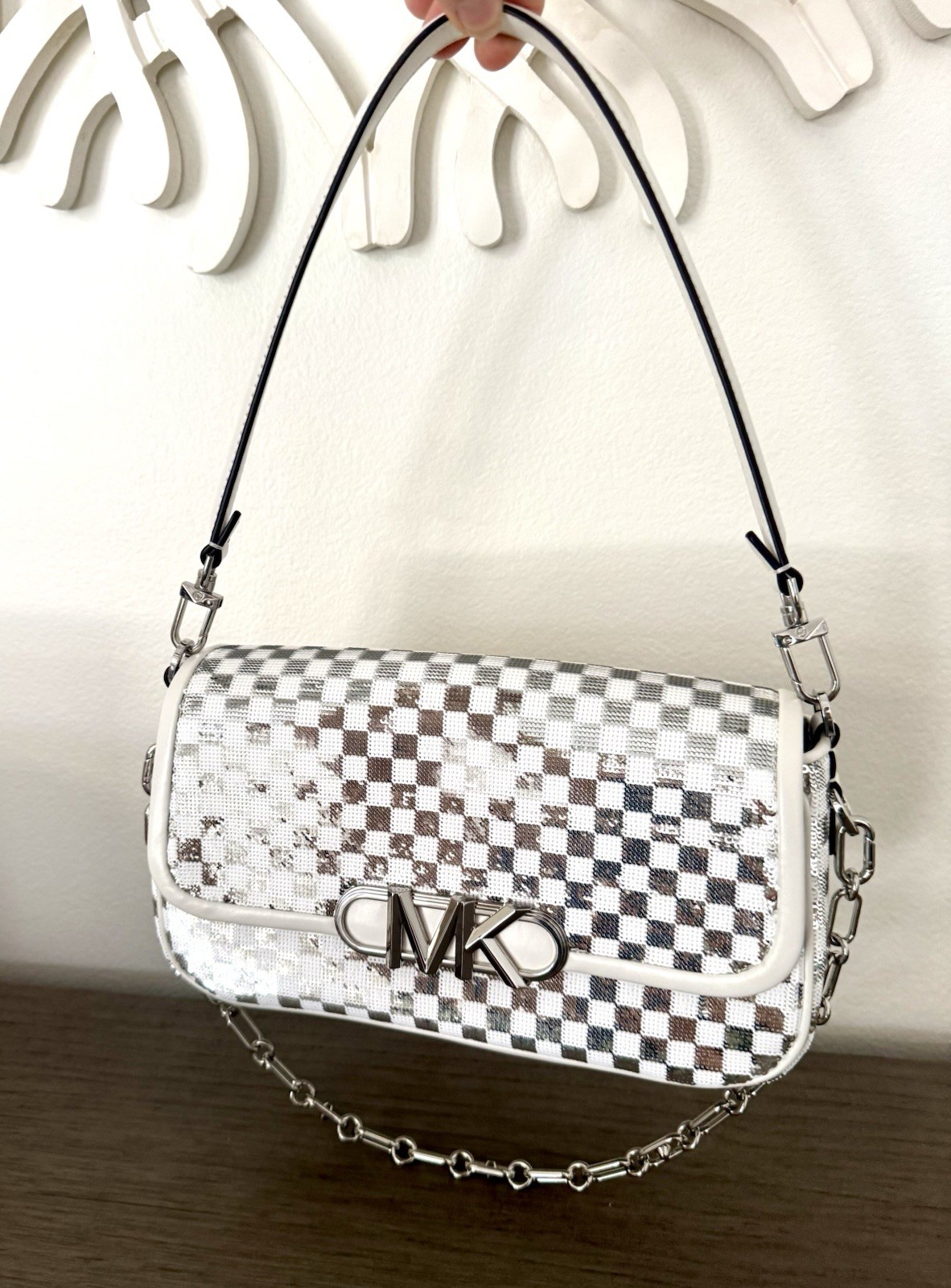 Michael Kors Parker Checker Sequence White/ Silver Handbag / Shoulder Bag Purse
