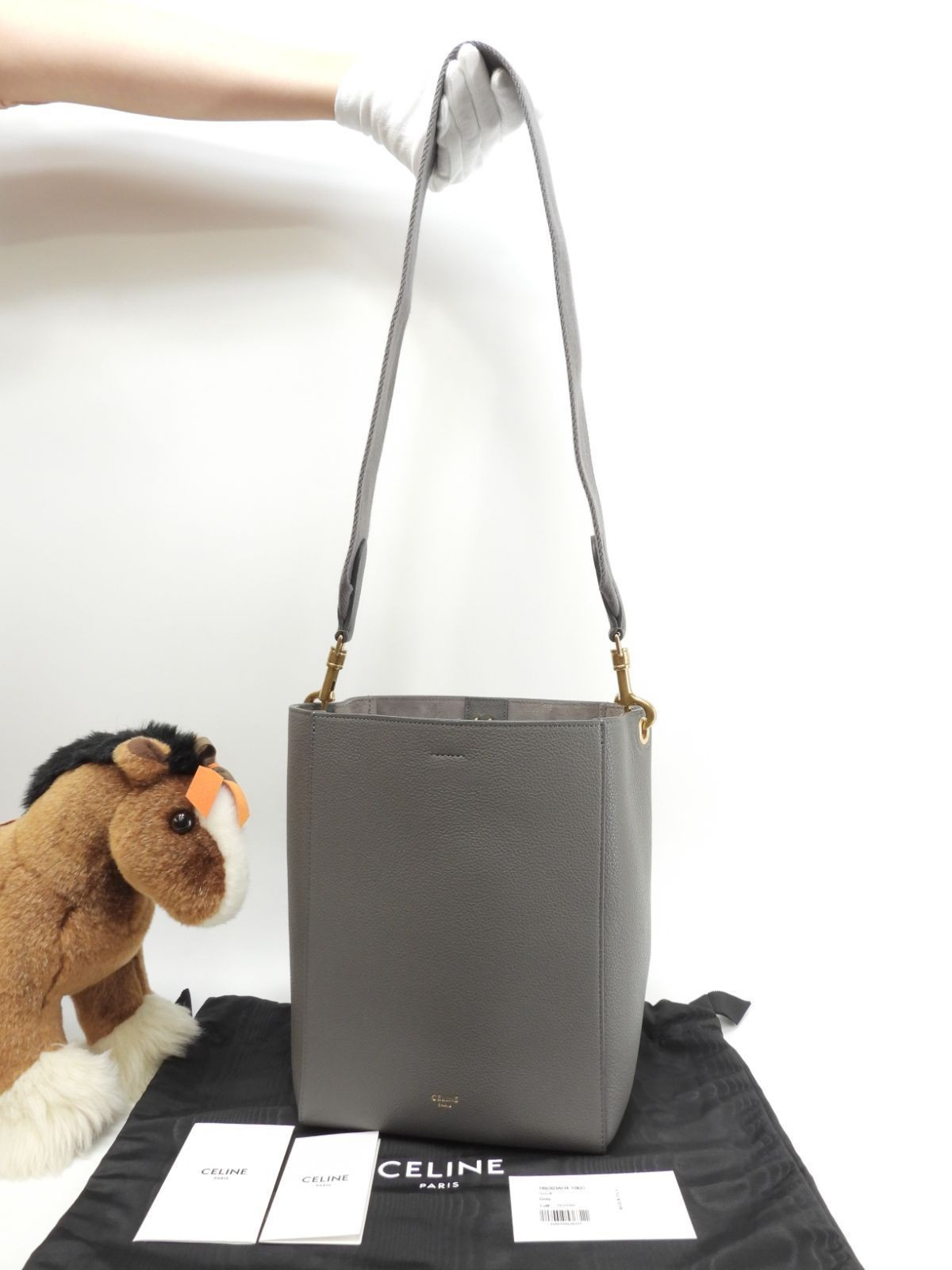 Celine Sangle Bucket Small Gray Leather Semi Shoulder Bag Grained Calfskin Gold