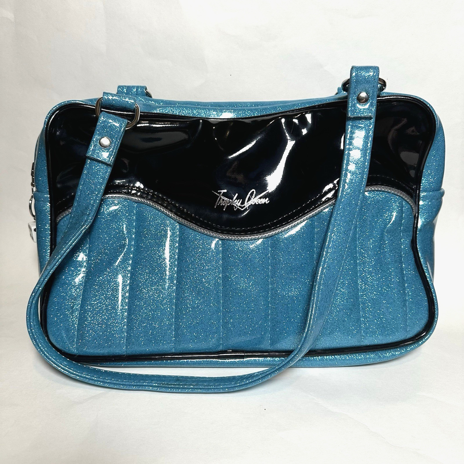 OOAK Trophy Queen Tuck and Roll Tote Blue Black Leopard Print Leather Hot Rod