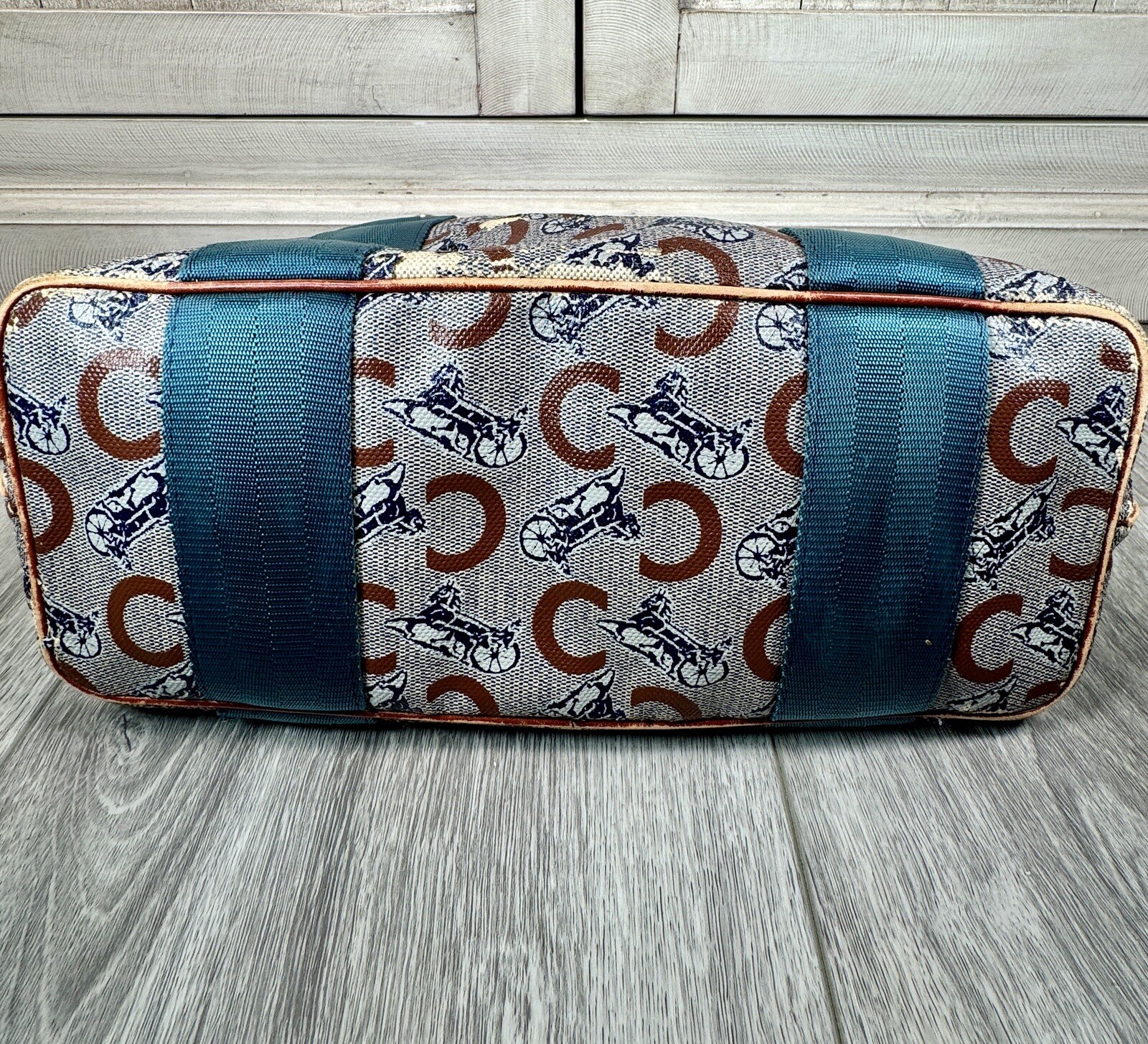 Celine Macadam Pattern Shoulder Bag Tote Authentic Brown Logo Aqua Handles