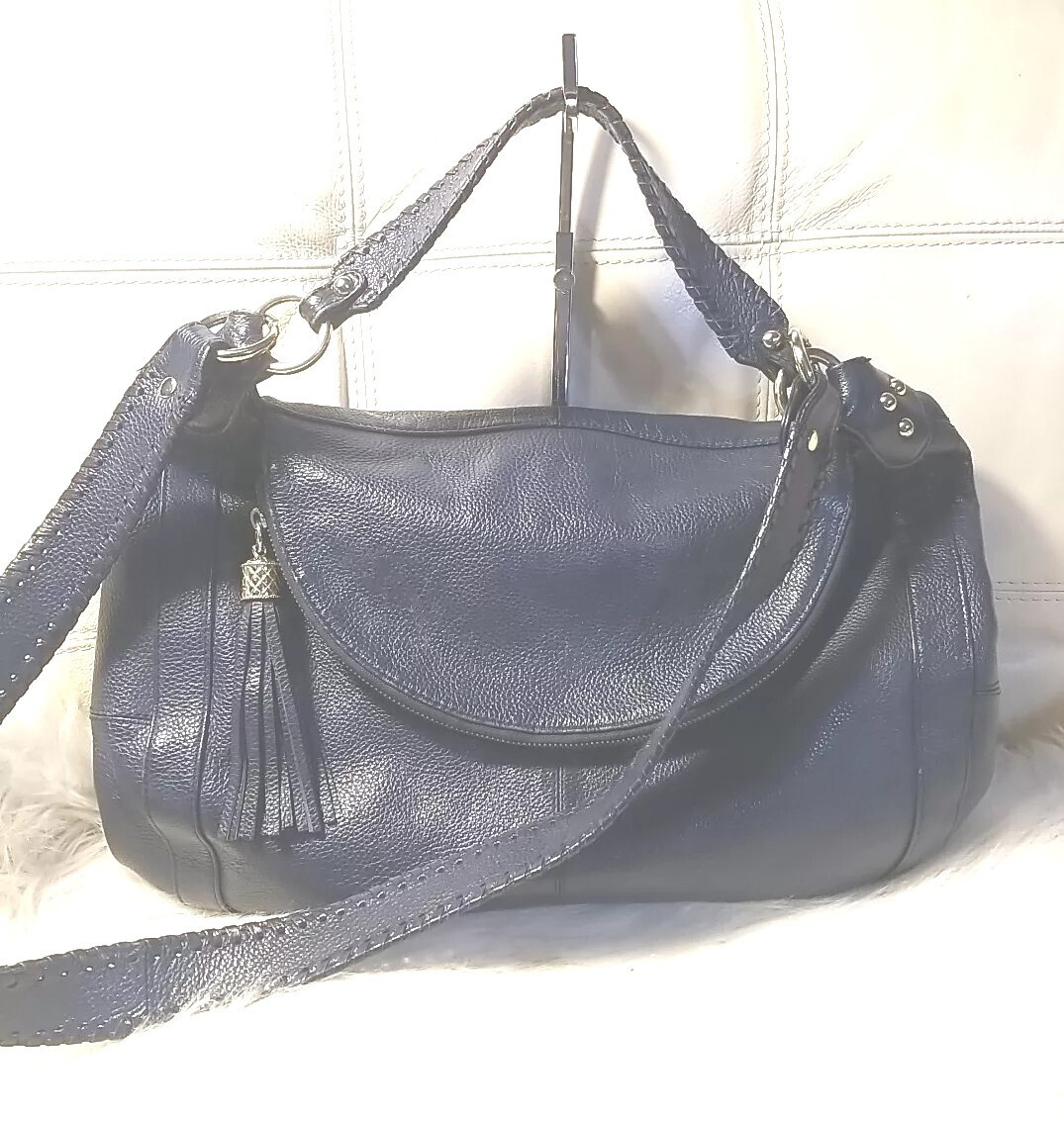 Onna Ehrlich Rachel Bag Blue Pebbled Leather Large 11×22! Crossbody Tassels!