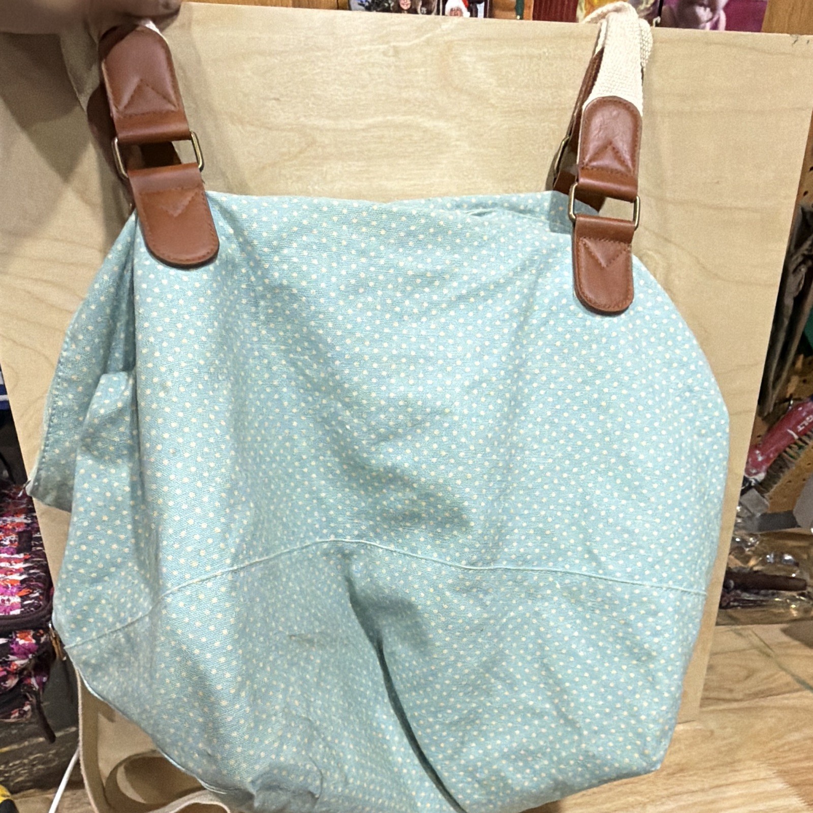 Mossimo Supply Co. Light Blue White Polka Dot Shoulder Bag Zip, Beige Strap