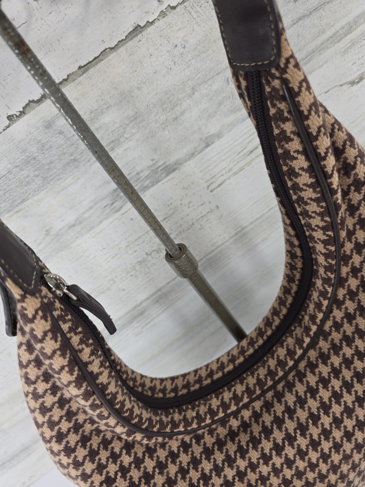 Lauren Ralph Lauren Brown Houndstooth Shoulder Bag Wool Blend Made in Korea Y2K.