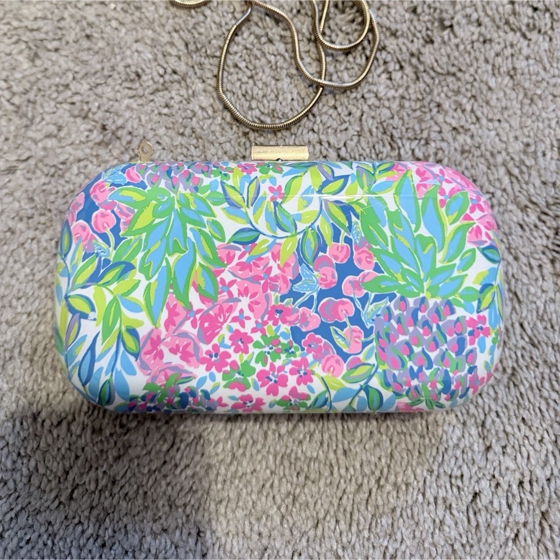 Lilly Pulitzer floral hard clutch purse gold chain detachable strap pink lined