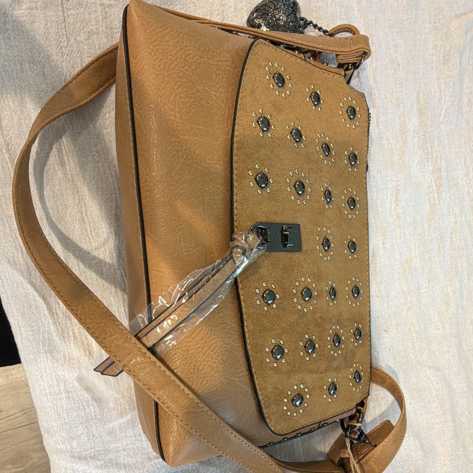 Sam Hadley Brown Studded Rhinestone Shoulder Bag with Heart Charm