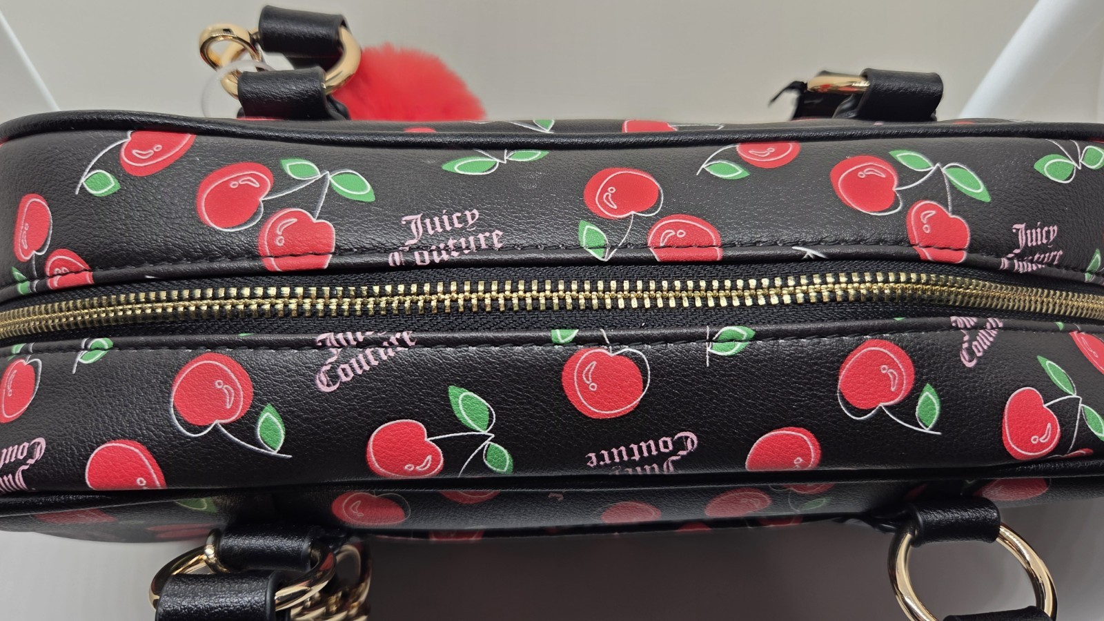 Juicy Couture Black Cherry Print Satchel Top Handle Zip Detachable Strap Charm