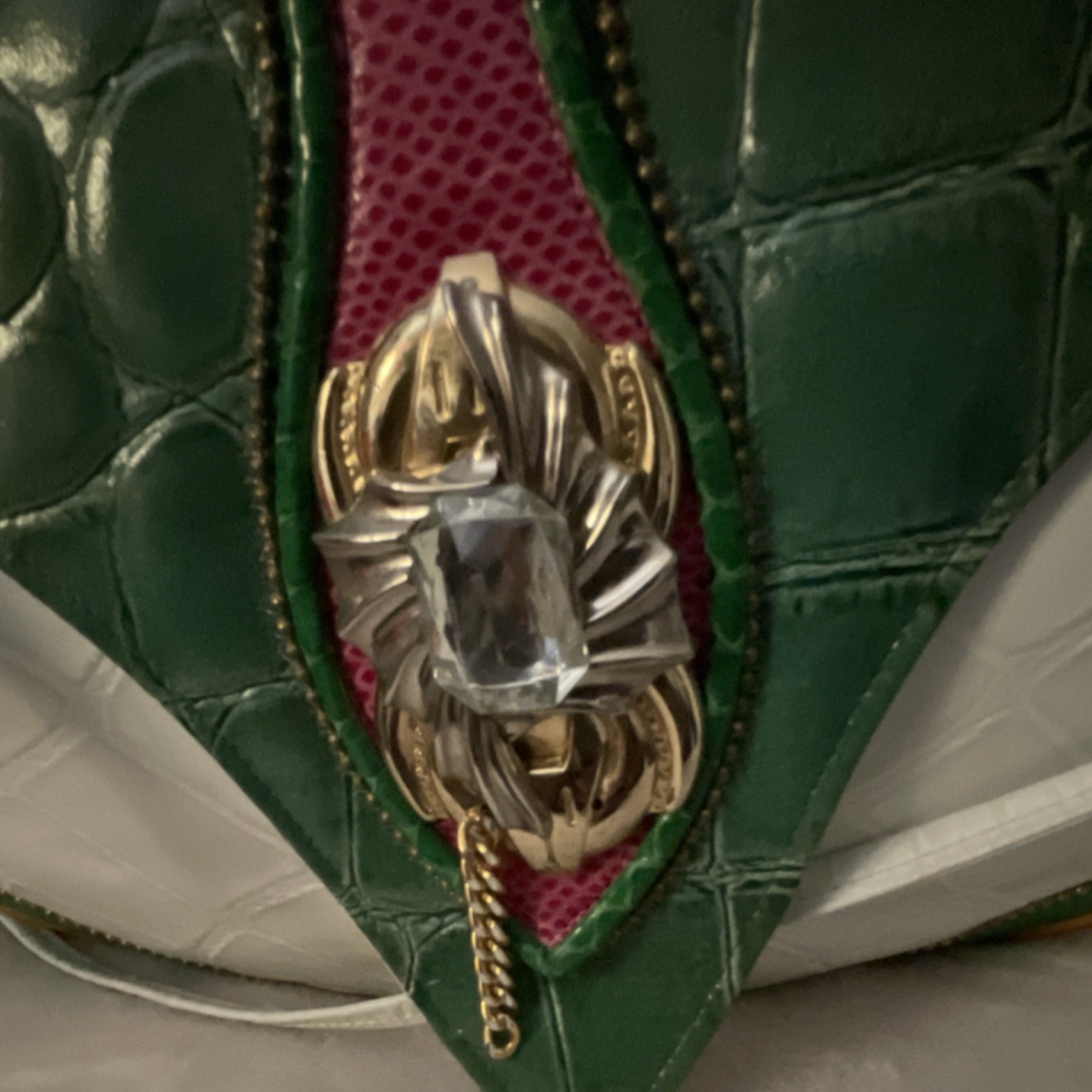 Talk of the Walk Crocodile Embossed Shoulder Bag Gemstone Gold Silver Hardware …