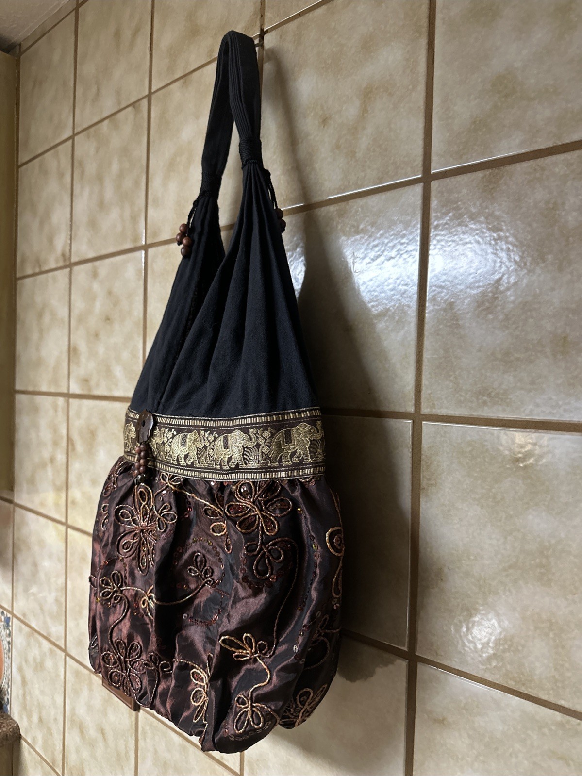 Bohemian Elephant Print Floral Sequined Boho Handbag Tote Purse, Multicolor