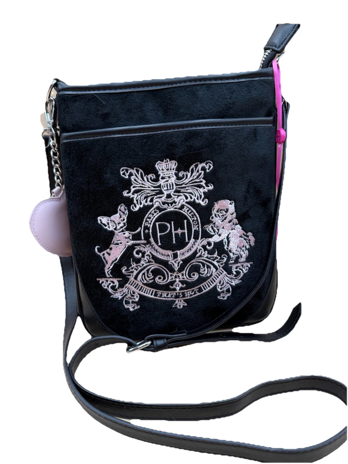 Paris Hilton Crossbody Bag + Pink Heart Charm, Black Velvet, Dogs Logo- NEW