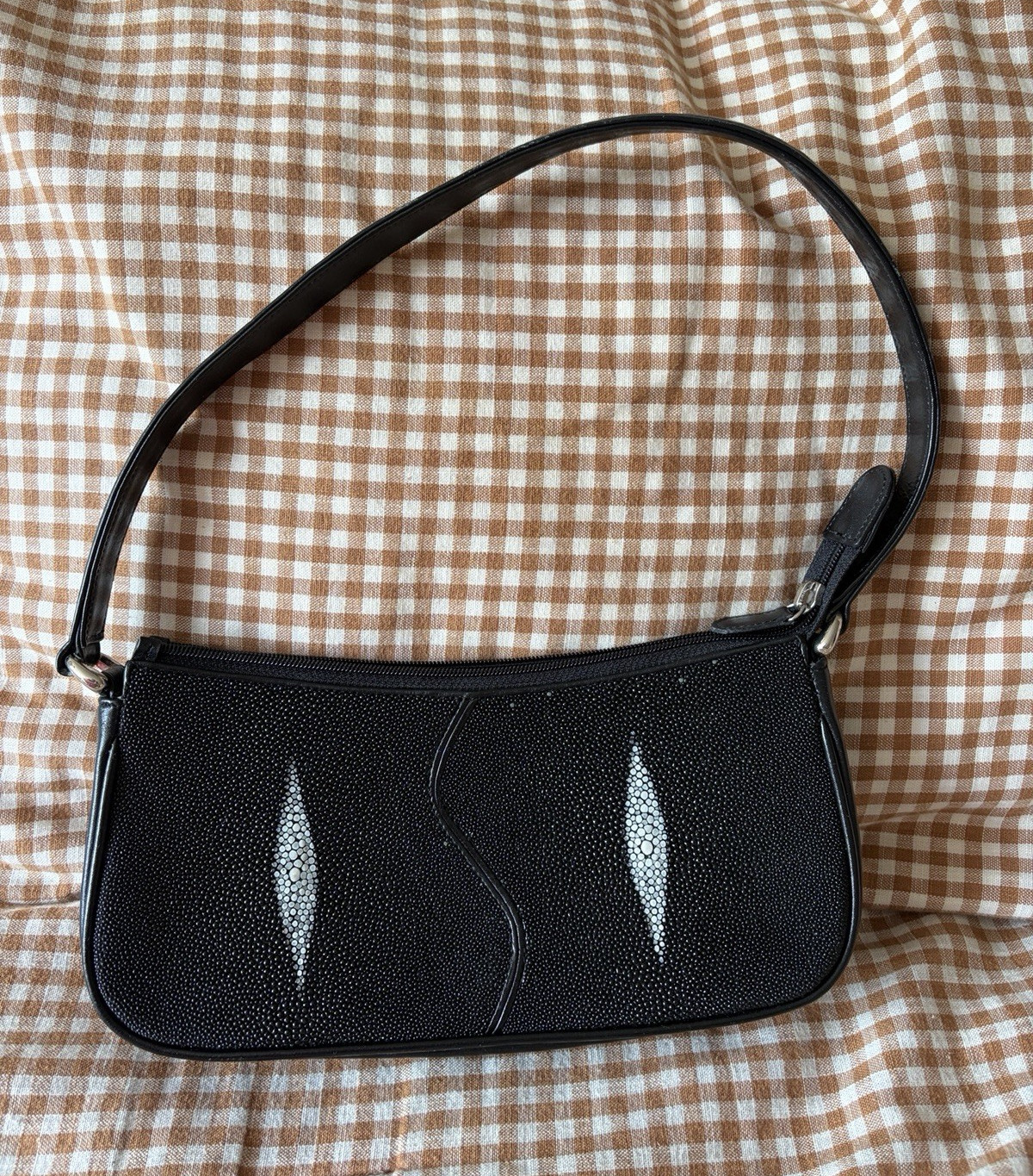 Genuine Stingray Black Shoulder Bag Zip Closure Lined Solid Rectangle