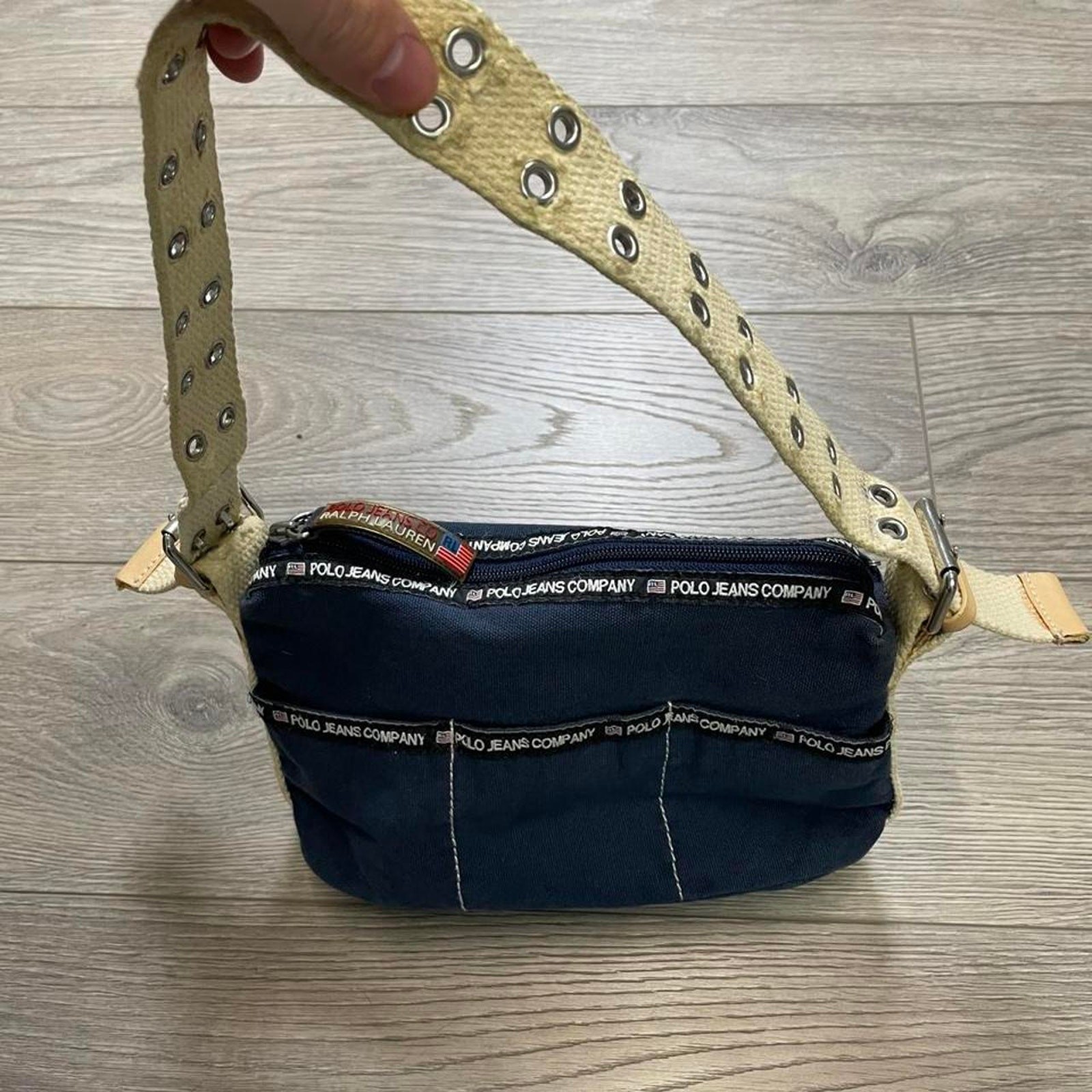 Vintage Polo Jeans Co Ralph Lauren Blue Canvas Shoulder Bag Y2K Grommet Strap
