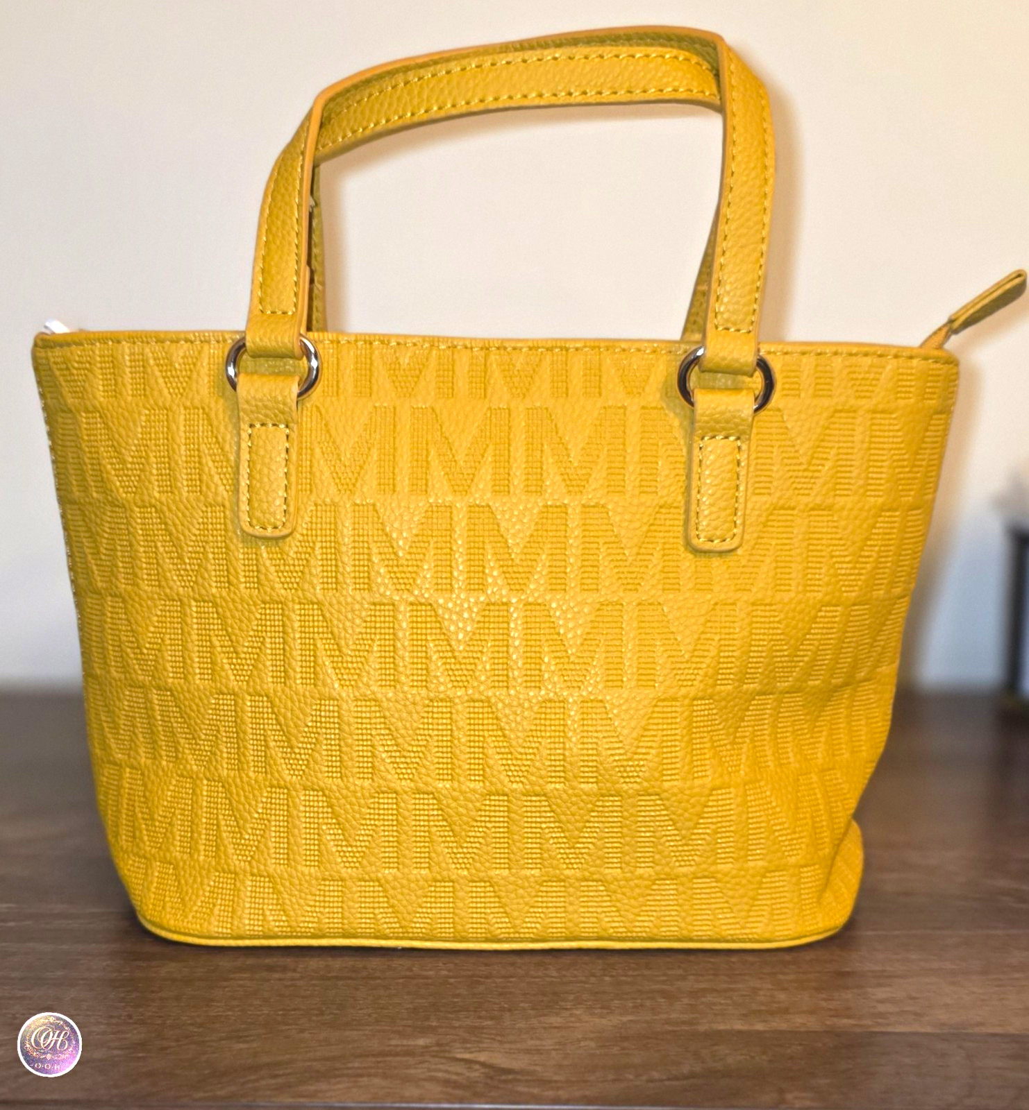 Yellow Monogram Satchel Top Handle Bag Zip Closure Silver Hardware Inner Pockets