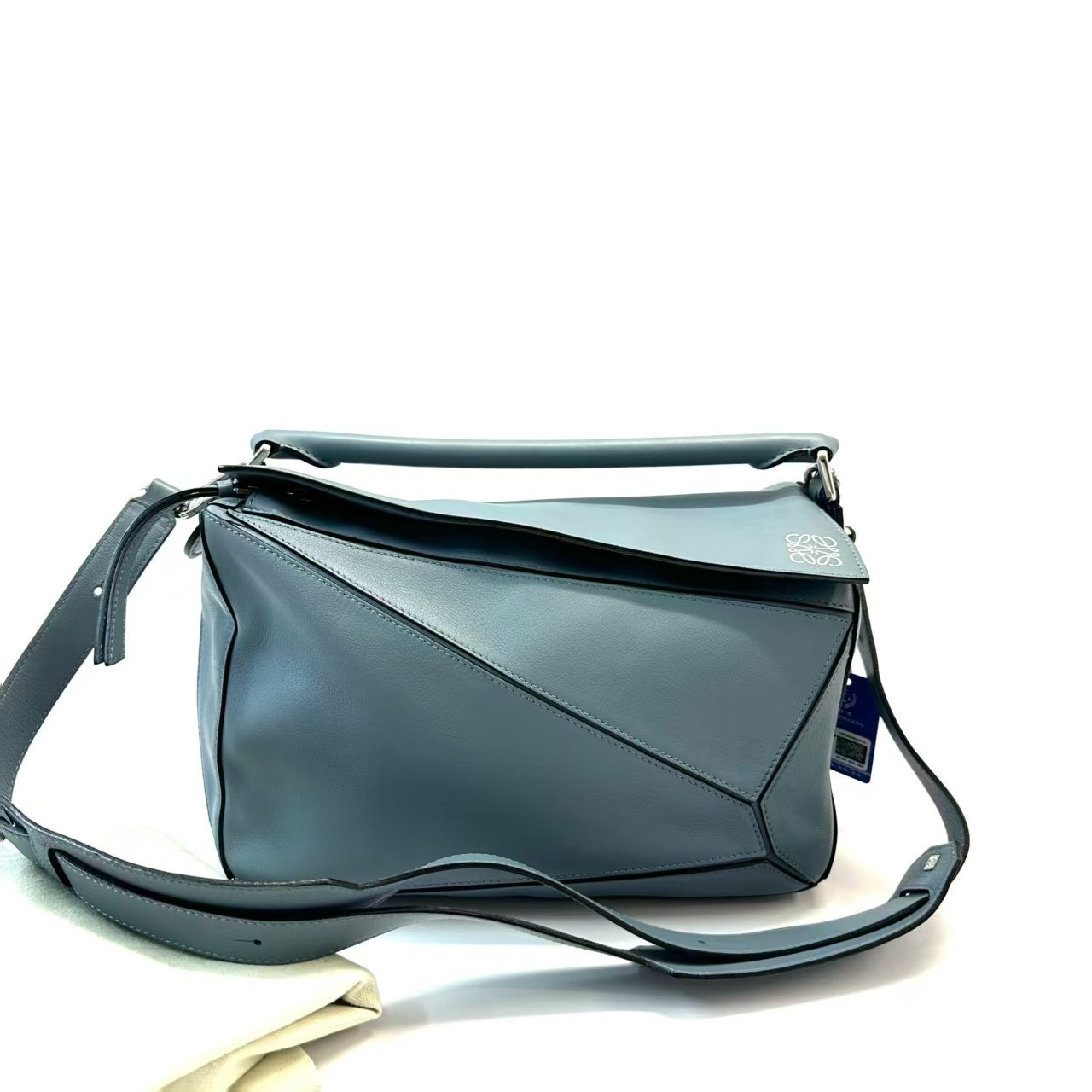 Loewe Puzzle Bag Medium Stone Blue Leather Top Handle Crossbody Shoulder Bag