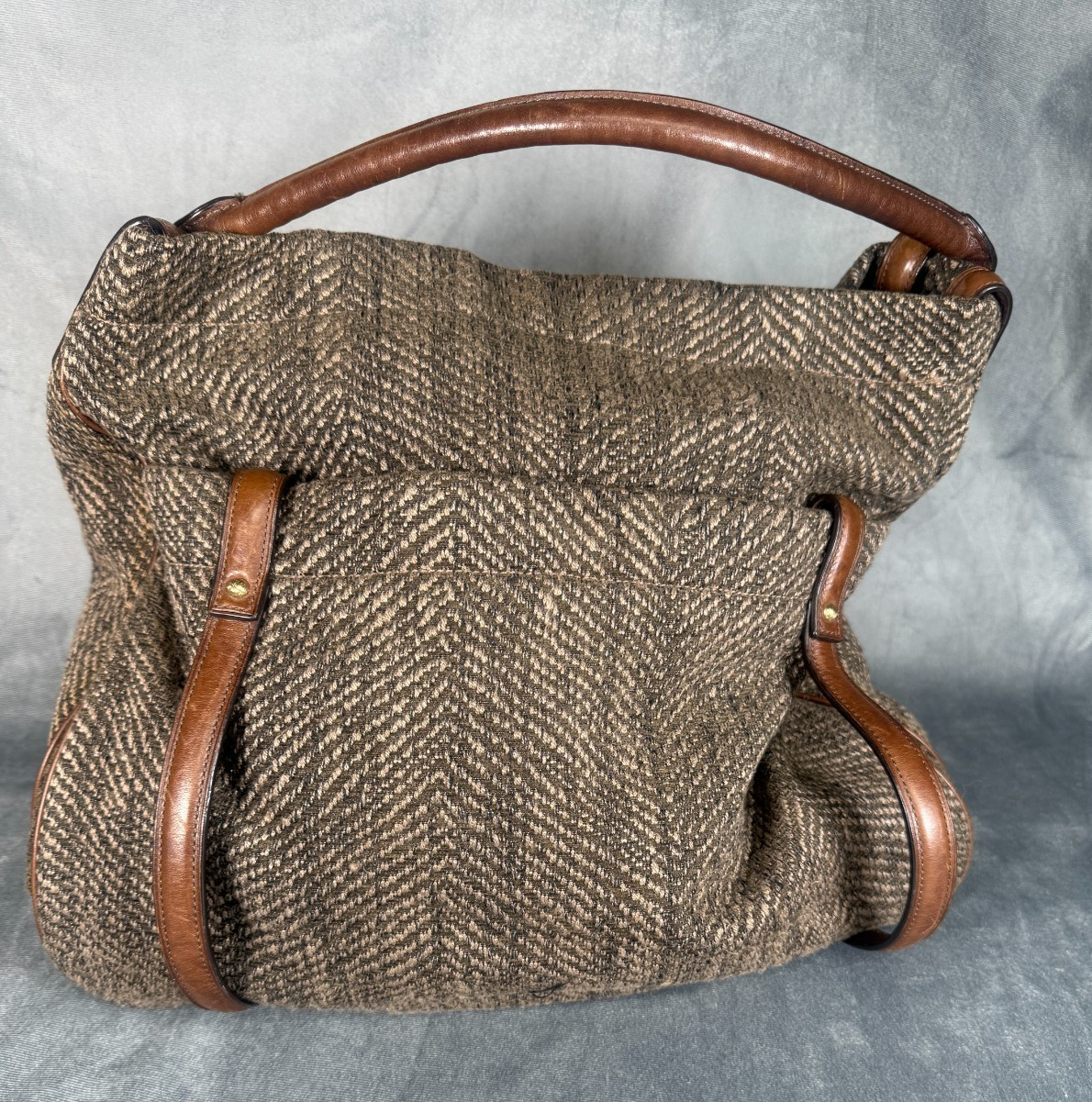 Tumi Brown Herringbone Tweed Leather Trim Organizer Shoulder Bag Travel