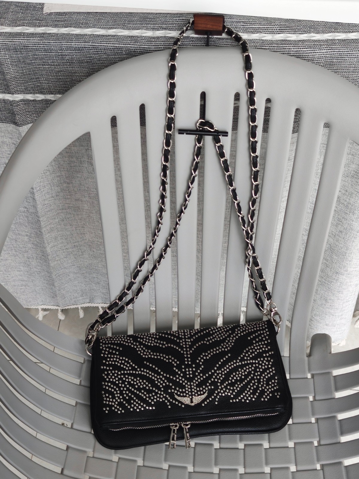 Zadig & Voltaire Black Leather Full Stud Wing Bag Chain Crossbody 27×15×3cm