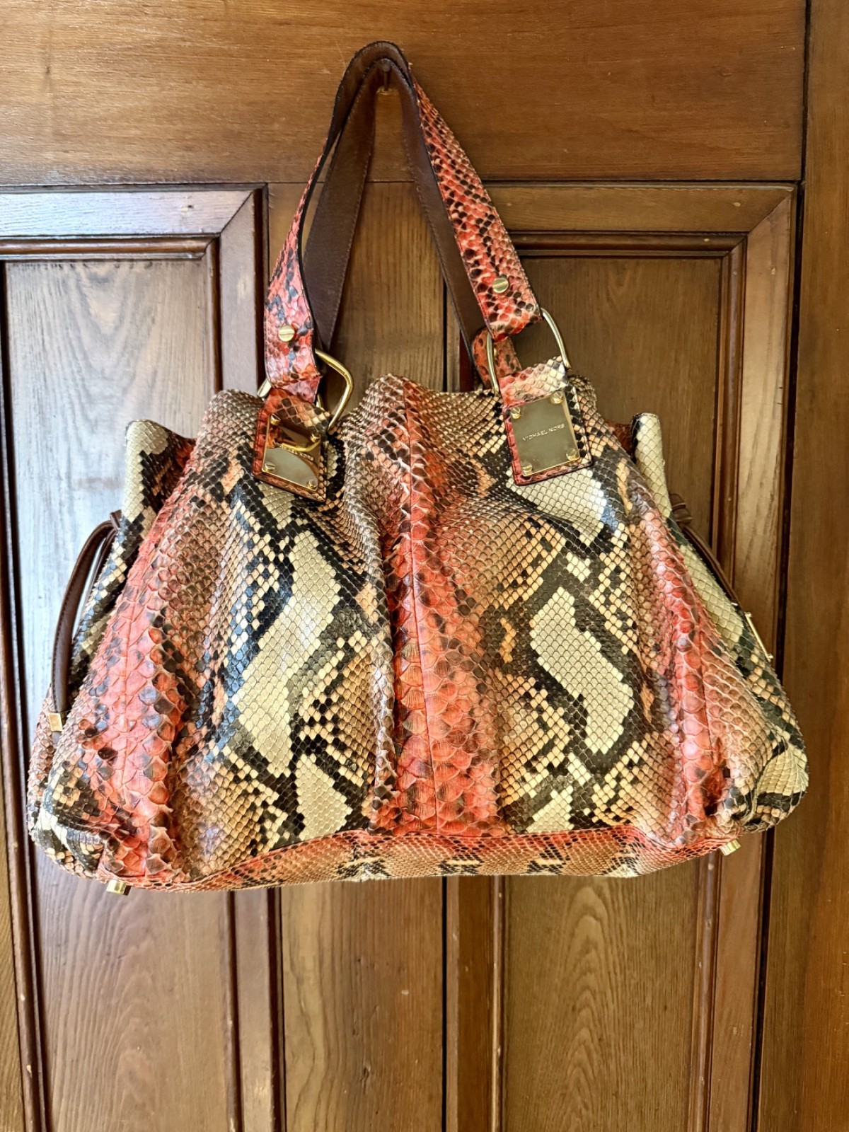 Michael Kors Collection Genuine Python Handbag Made in Italy Coral Brown Exotic