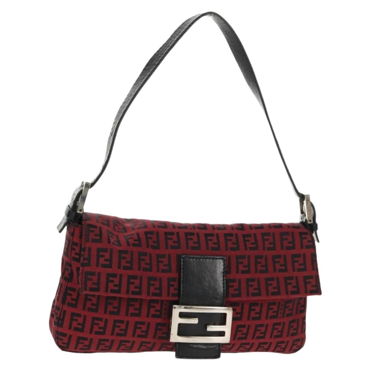 FENDI Zucchino Canvas Mamma Baguette Shoulder Bag Red Silver Auth 150613V