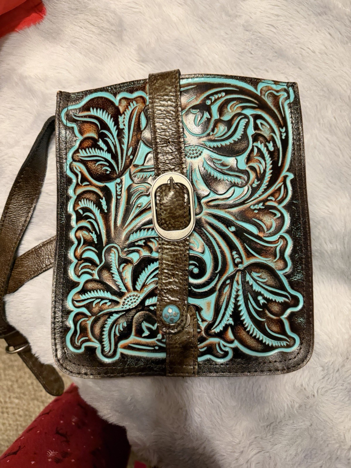 Montana West Brown & Turquoise Floral Embossed Crossbody w/ Buckle & Strap