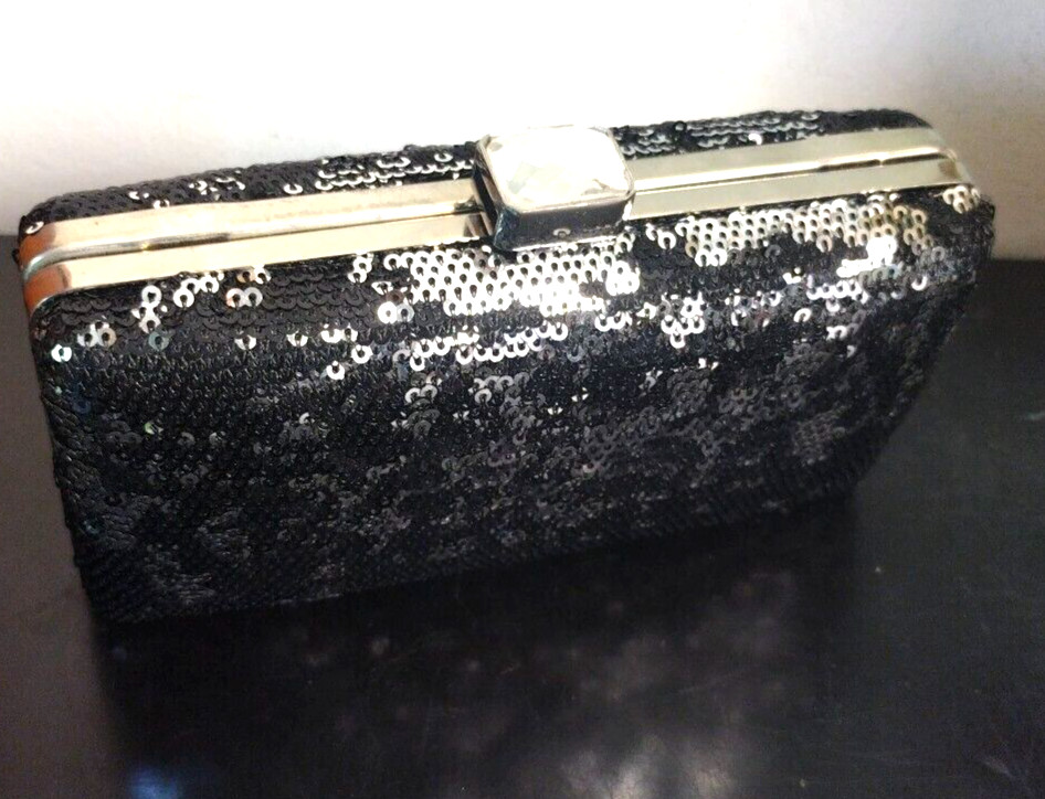 Camille La Vie Black/Silver Hard Case Clutch/Crossbody Purse, Rhinestone Closure
