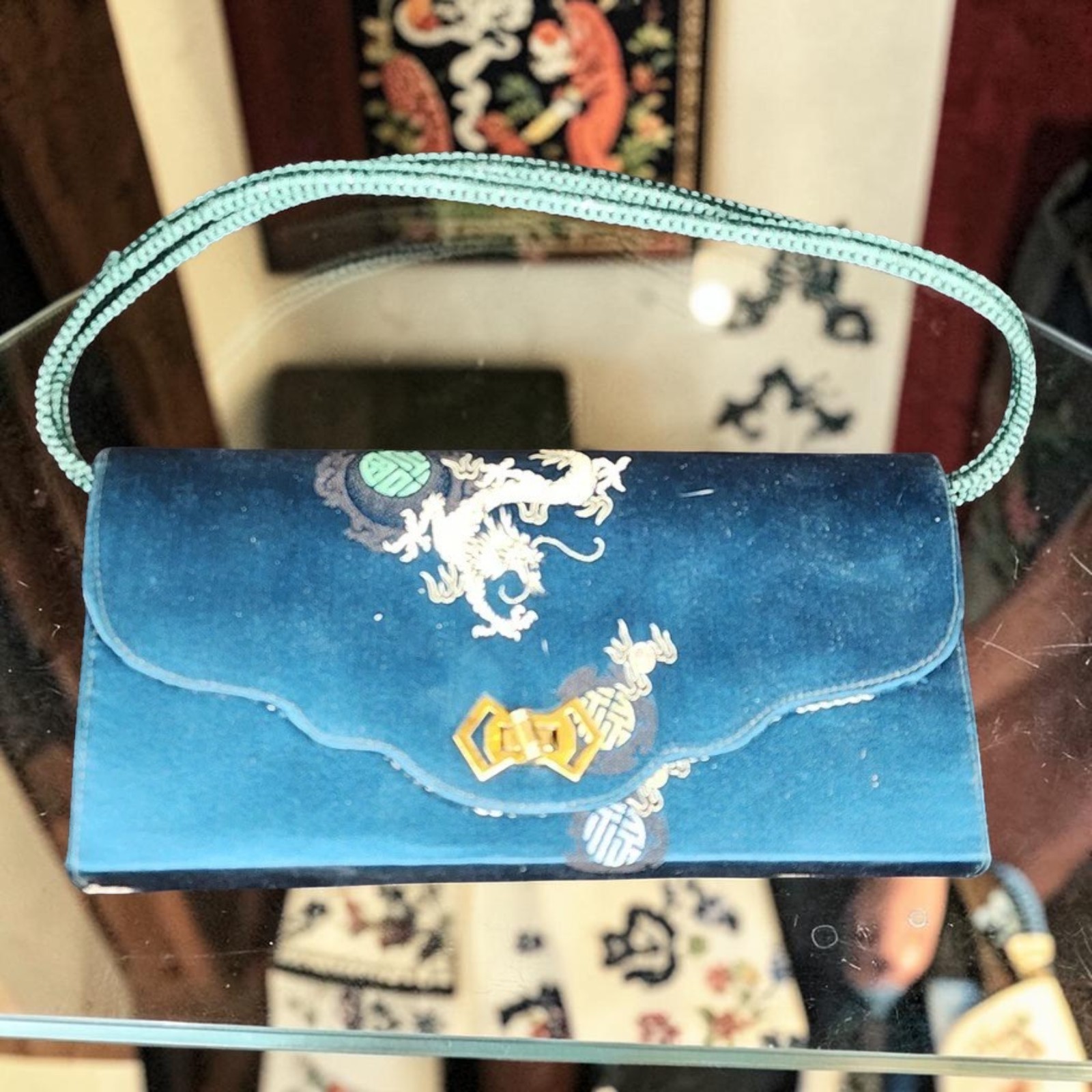 VTG Chinese Silk Brocade Clutch Purse Embroidered Kesi Style Dragon | Hong Kong