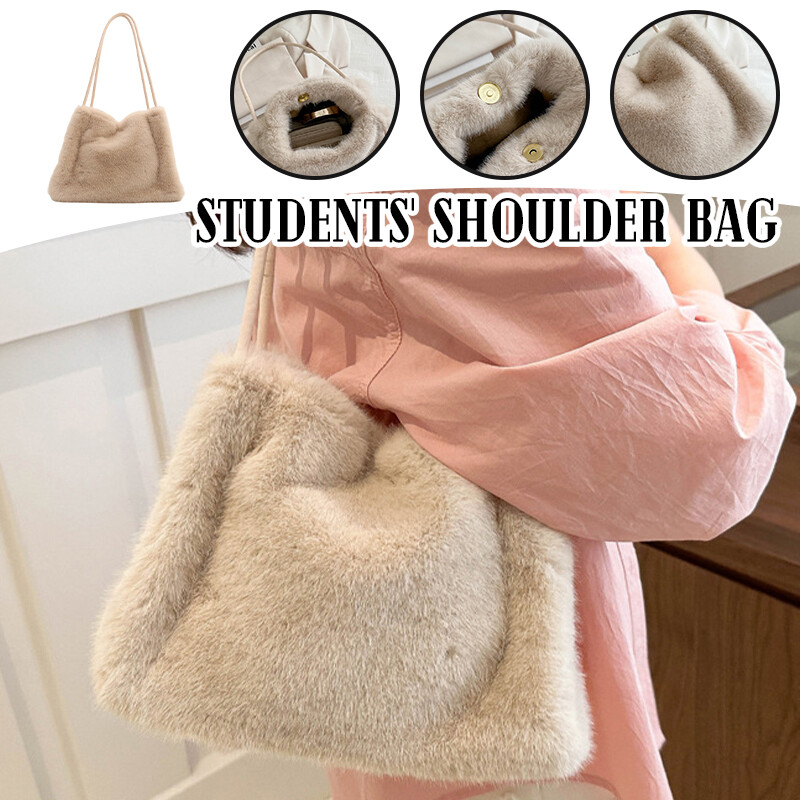 Womens Winter Plush Bag Versatile Furry Shoulder Bag Tote Bag White Black