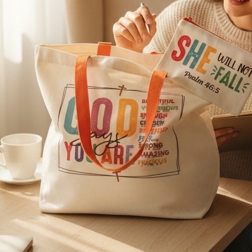 God Says You Are Orange Print Tote Bag With Small Pouch 15X15￼