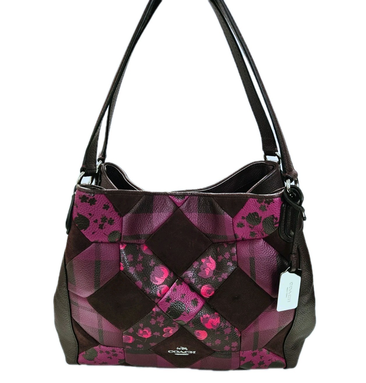 Coach Oxblood Patchwork Floral Print Edie Turn Lock Leather/Suede Shoulder Bag