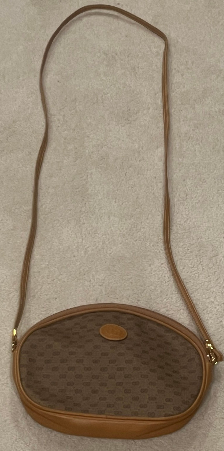 Vintage Gucci Oval Micro GG Crossbody Brown Coated Canvas/Leather Trim Bag Purse