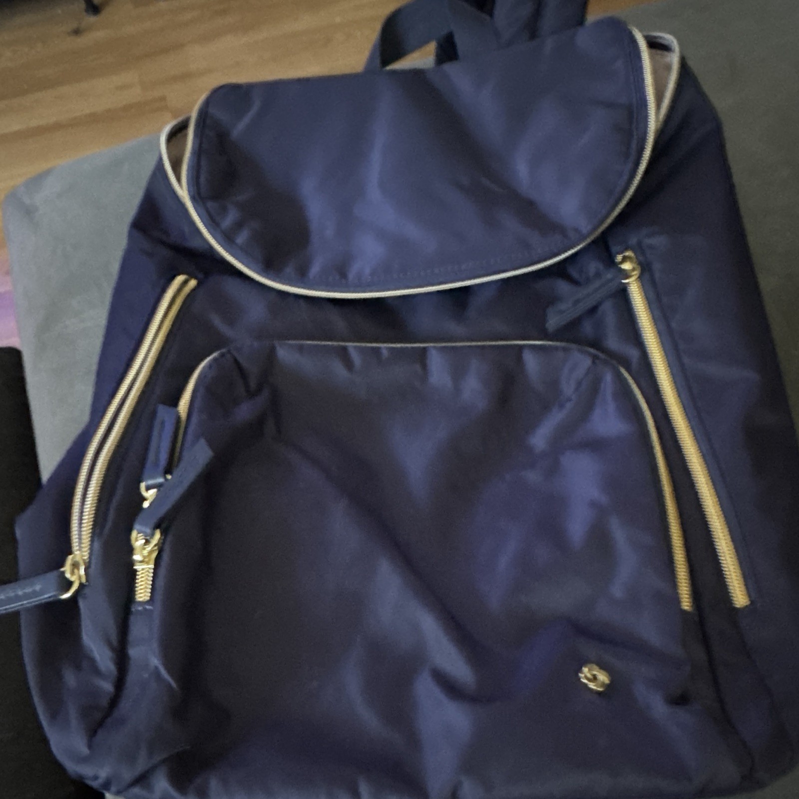 Navy Solid Women’s Backpack w/ Gold Zip Hardware, Beige Lining, Inner Pockets
