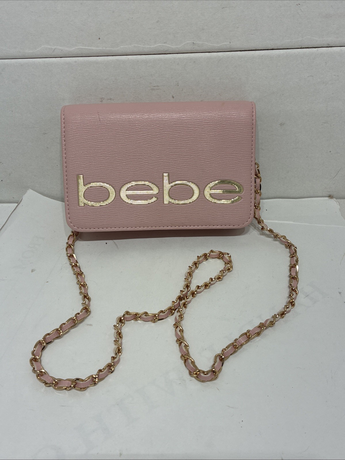 BEBE FABIOLA LOGO PURSE CHAIN STRAP BLUSH PINK