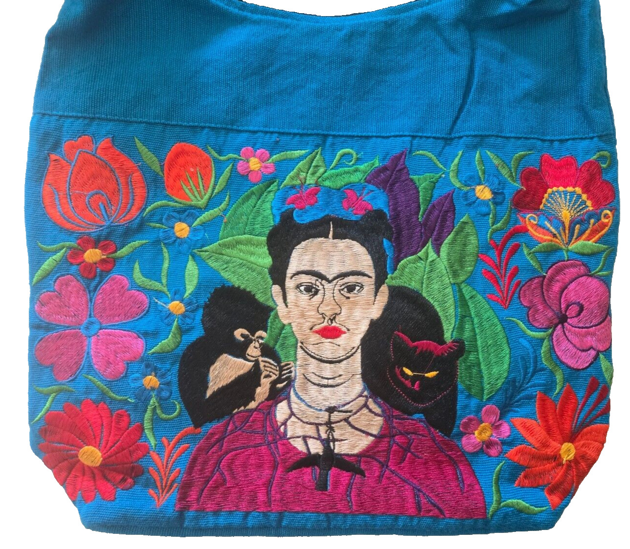 Guatemalan Shoulder Bag – Frida Kahlo with Cat and Monkey – Bright Blue Floral