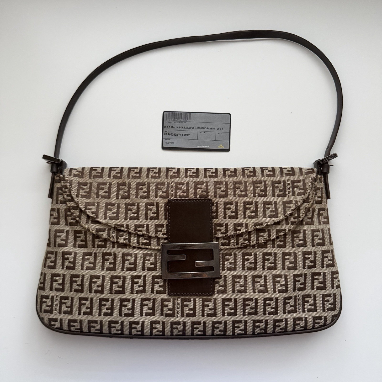Fendi Brown Zucchino Double Flap Baguette Shoulder Bag
