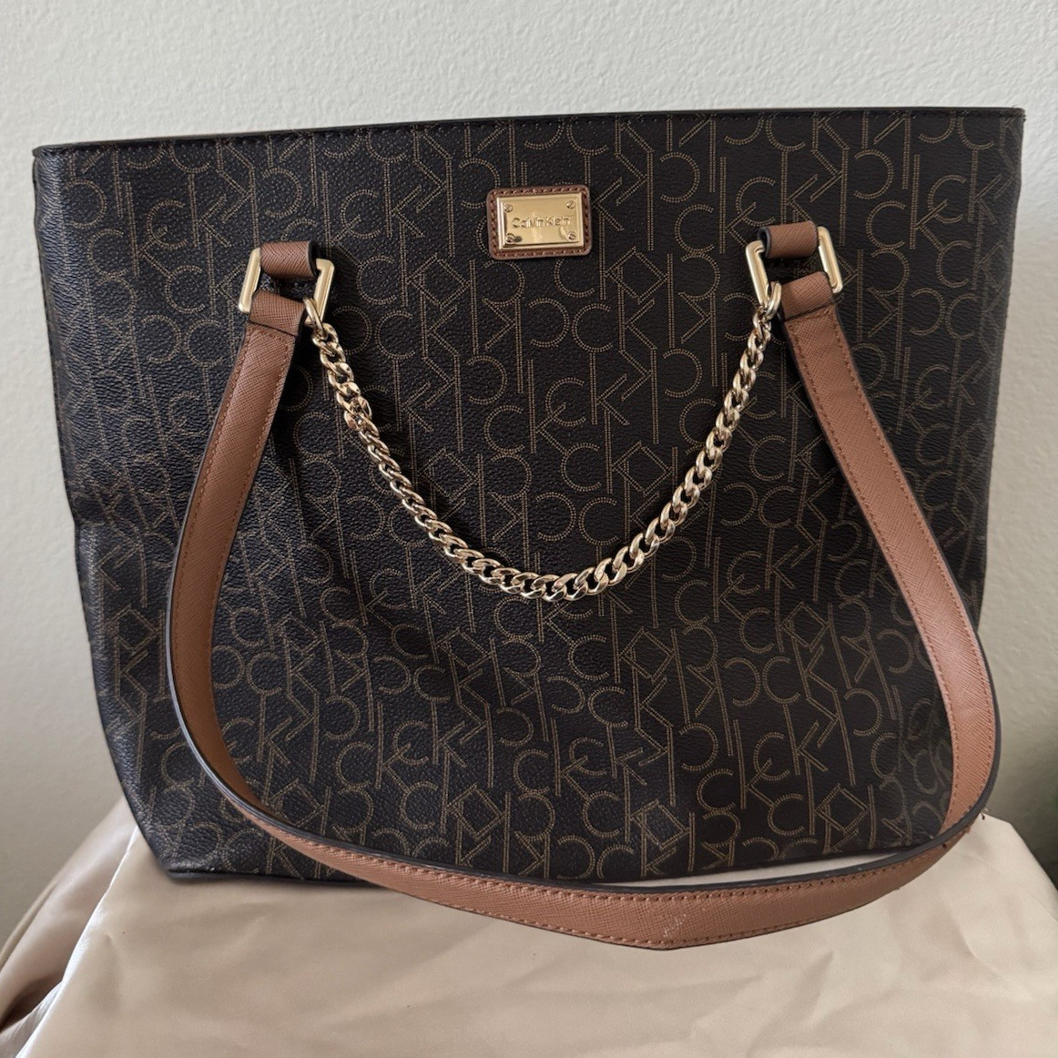 Calvin Klein Brown Monogram Logo Tote Shoulder Bag Gold Chain Strap Detail