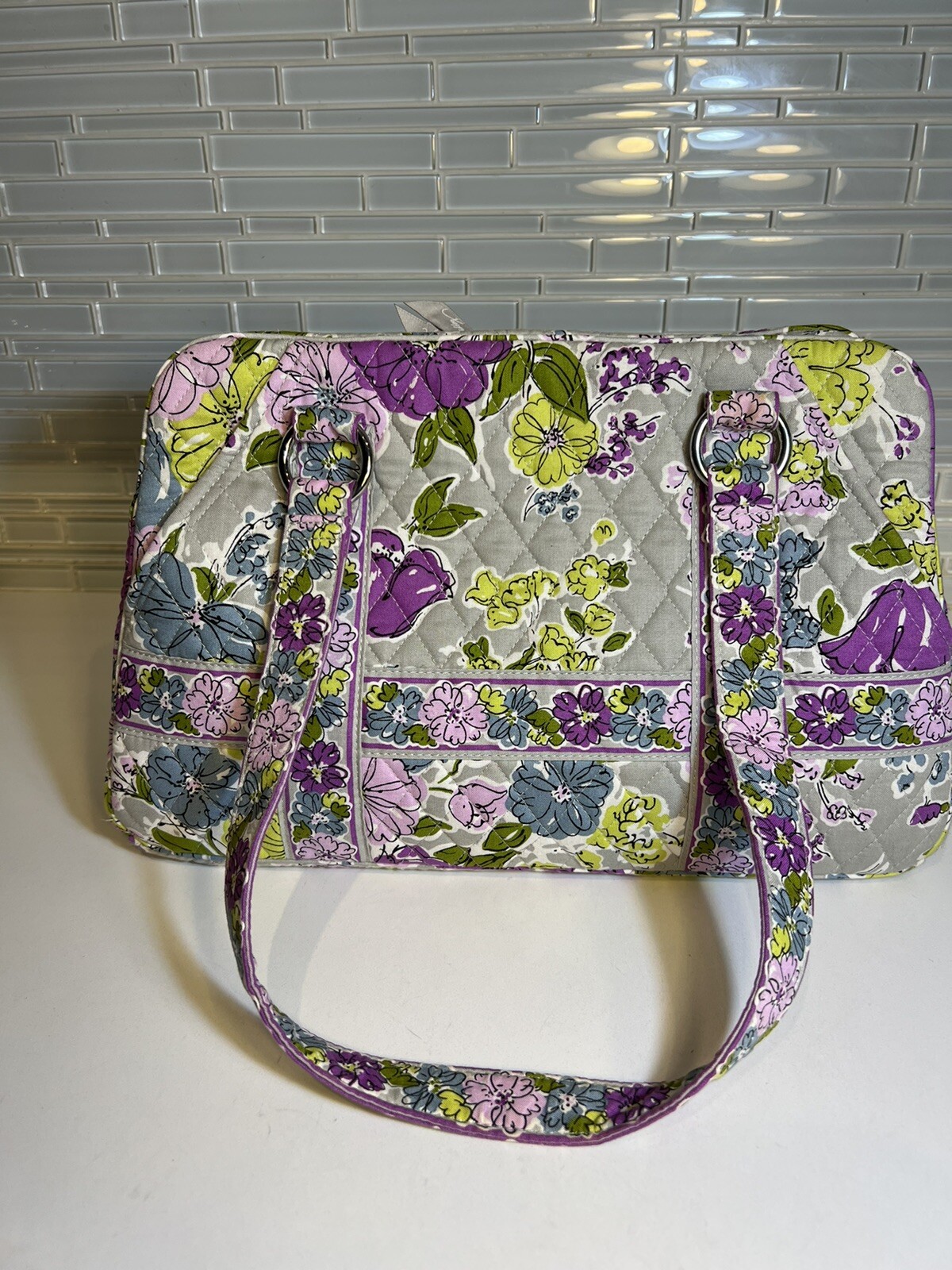 Vera Bradley WATERCOLOR Gray Floral Zip Shopper Shoulder 2 Handled Bag