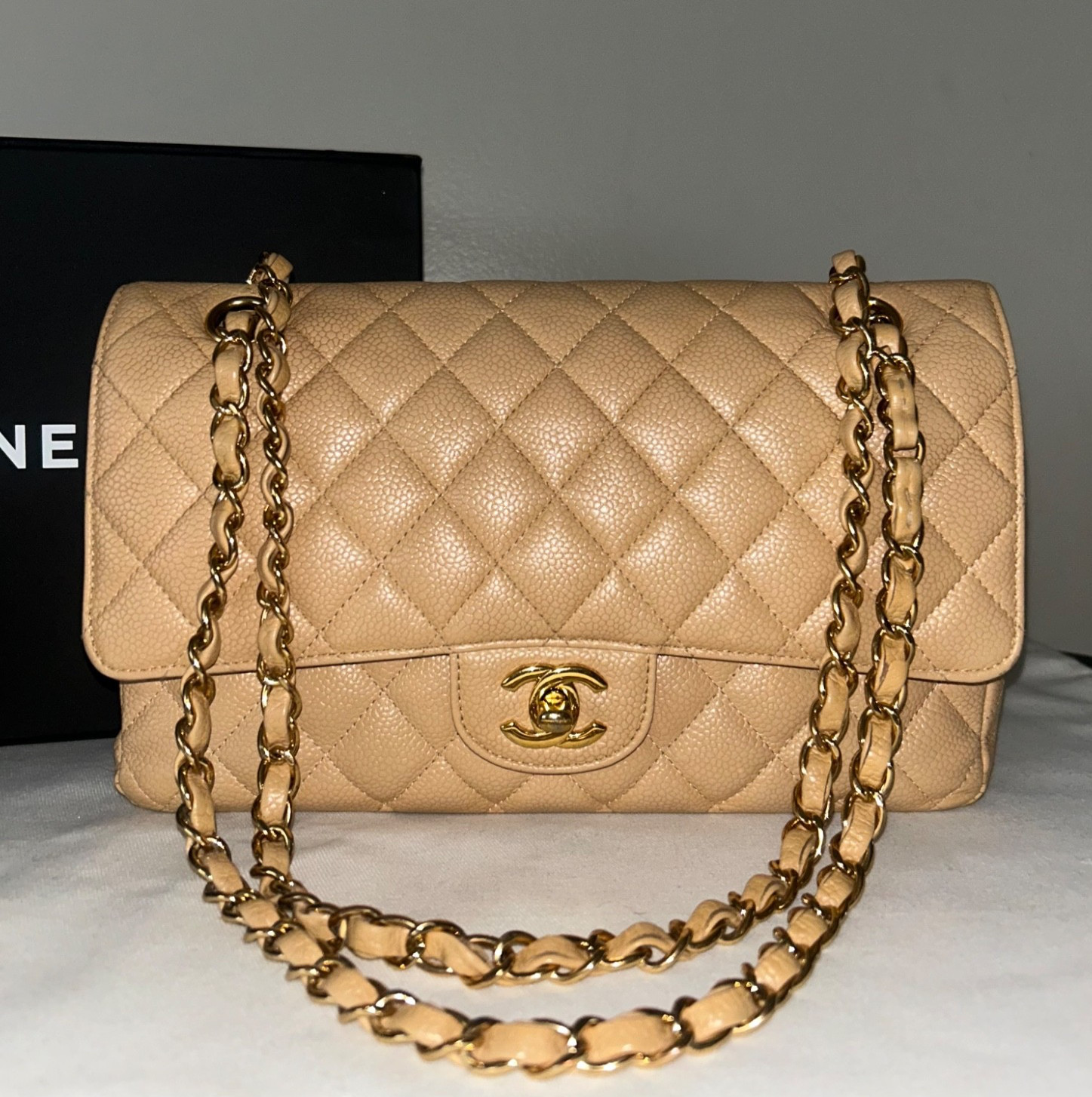 CHANEL Medium Classic Double Flap Caviar Quilted Handbag Beige/Gold Hardware
