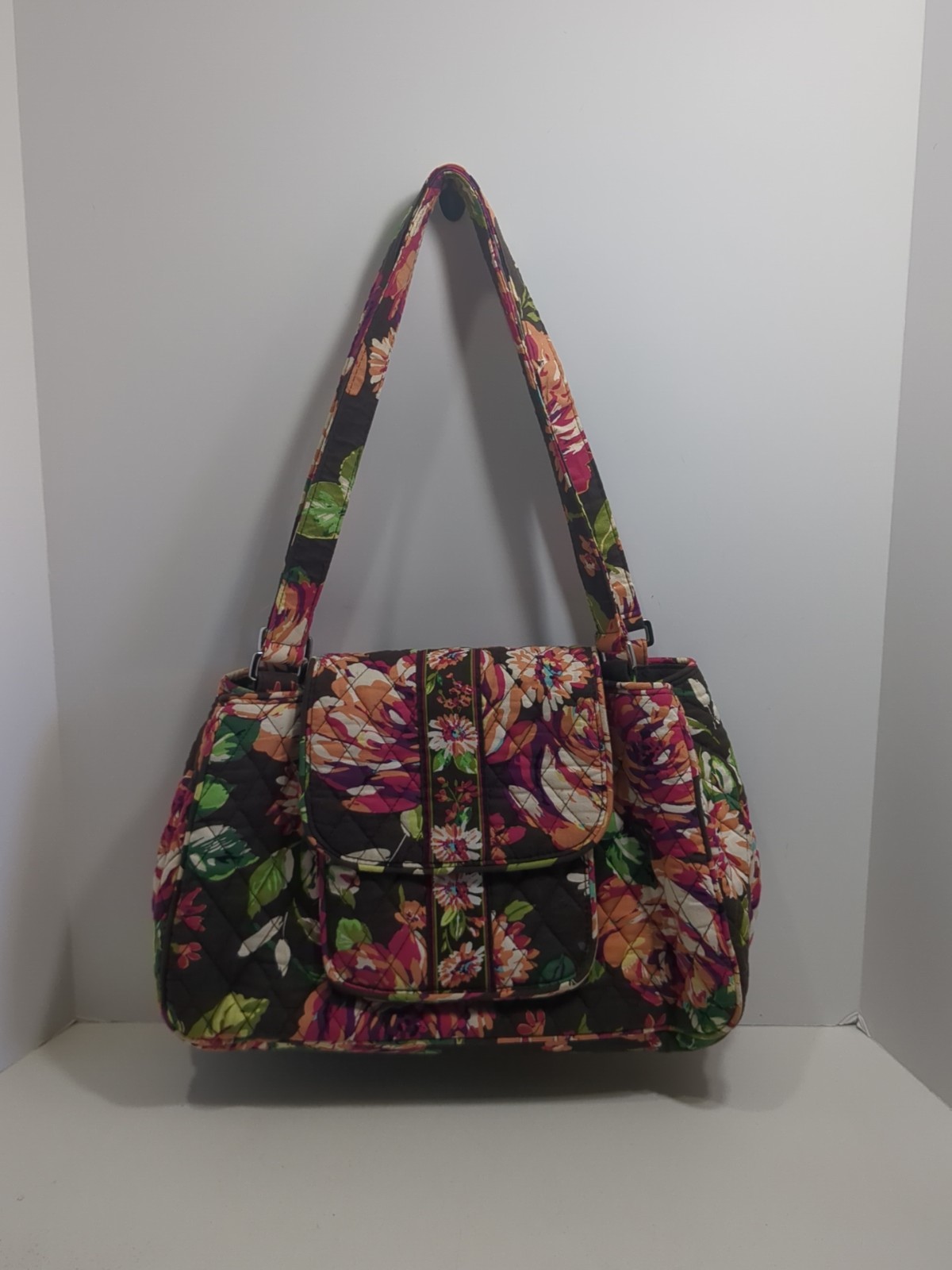 Vera Bradley English Rose Edie Satchel Purse Brown Pink Pockets Floral Pre-owned
