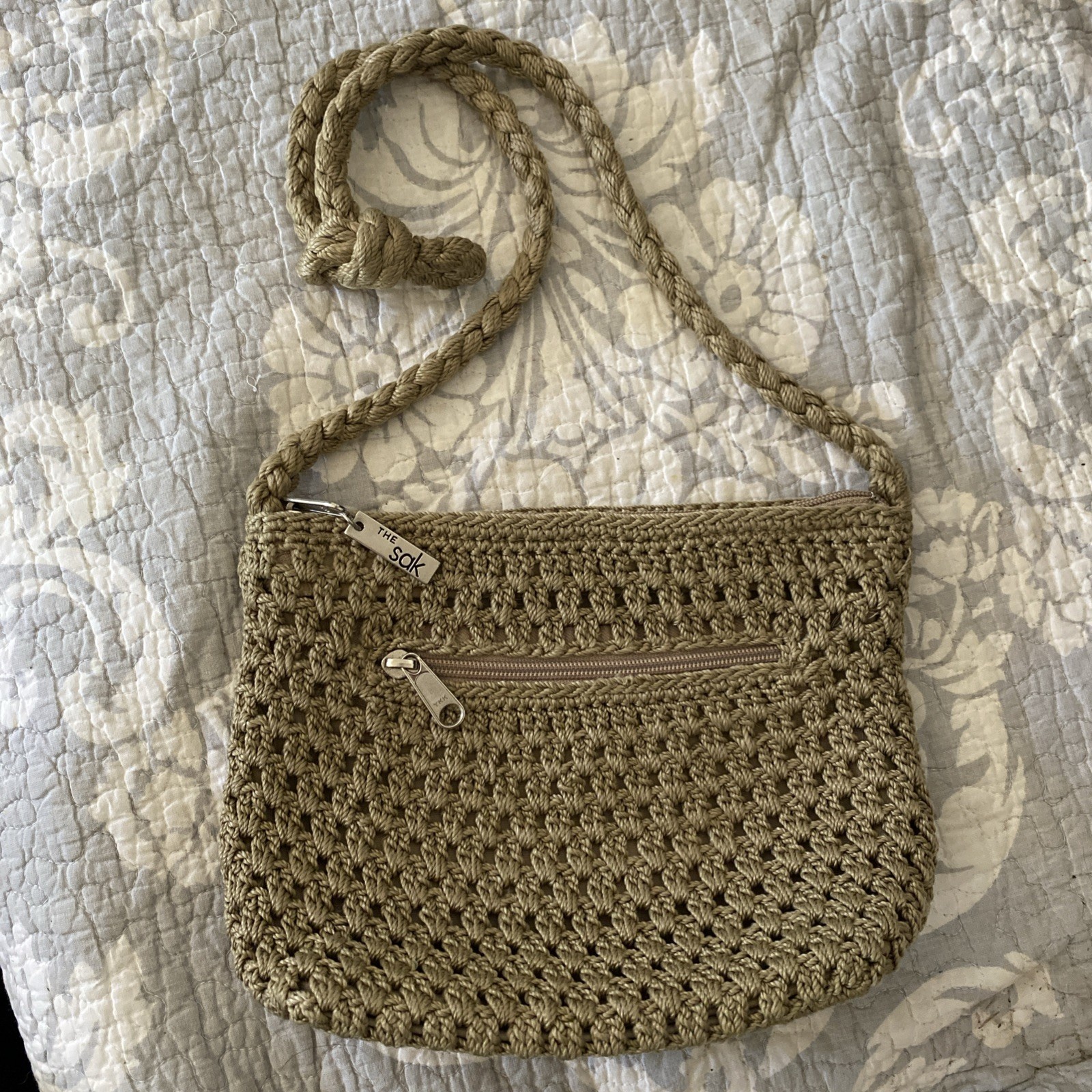 Lina THE SAK Crochet Woven Crossbody Braided Strap Purse Tan Beige Zipper Pocket