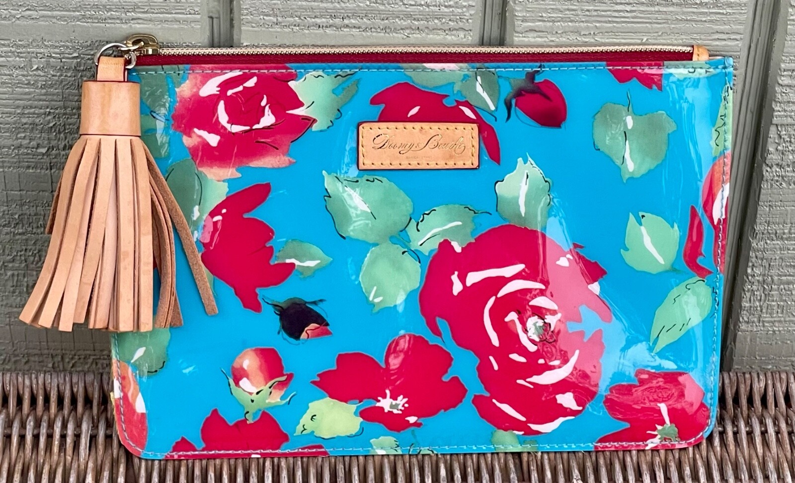 Dooney & Bourke Blue Red Cabbage Rose Carrington Pouch Clutch Tassle Makeup Bag