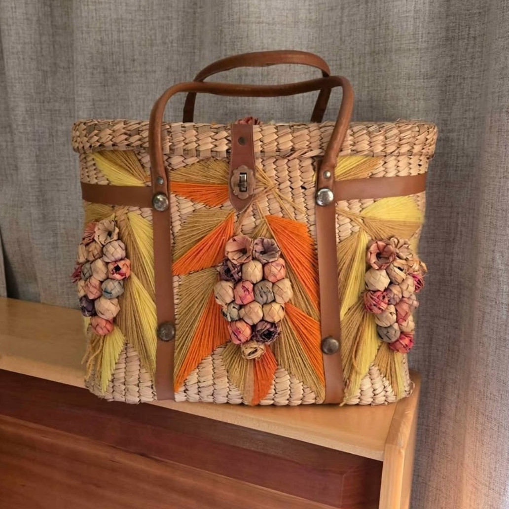 Woven Straw Basket Tote Bag Brown Leather Top Handle Buckle Beach Beige/Orange