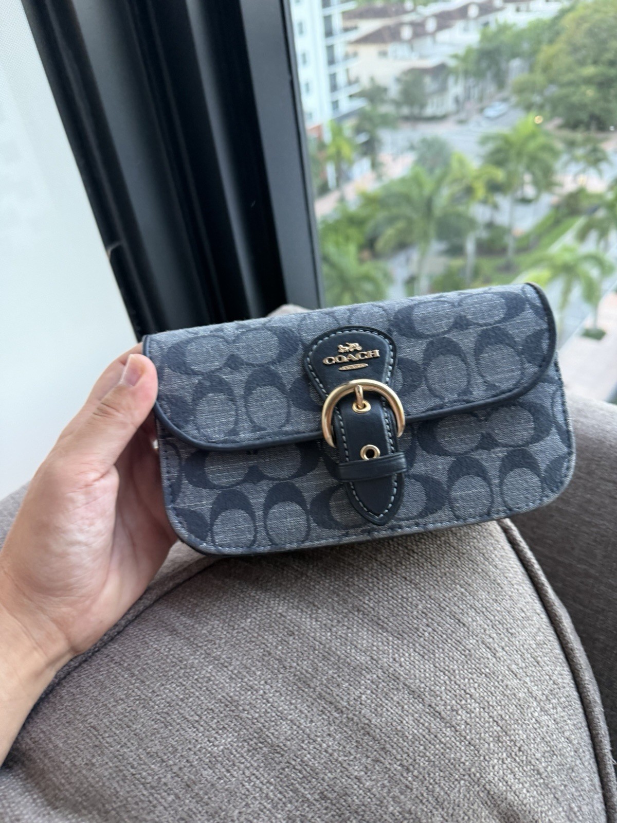 Coach Signature Monogram Buckle Flap Small Crossbody Blue Black Gold Chain
