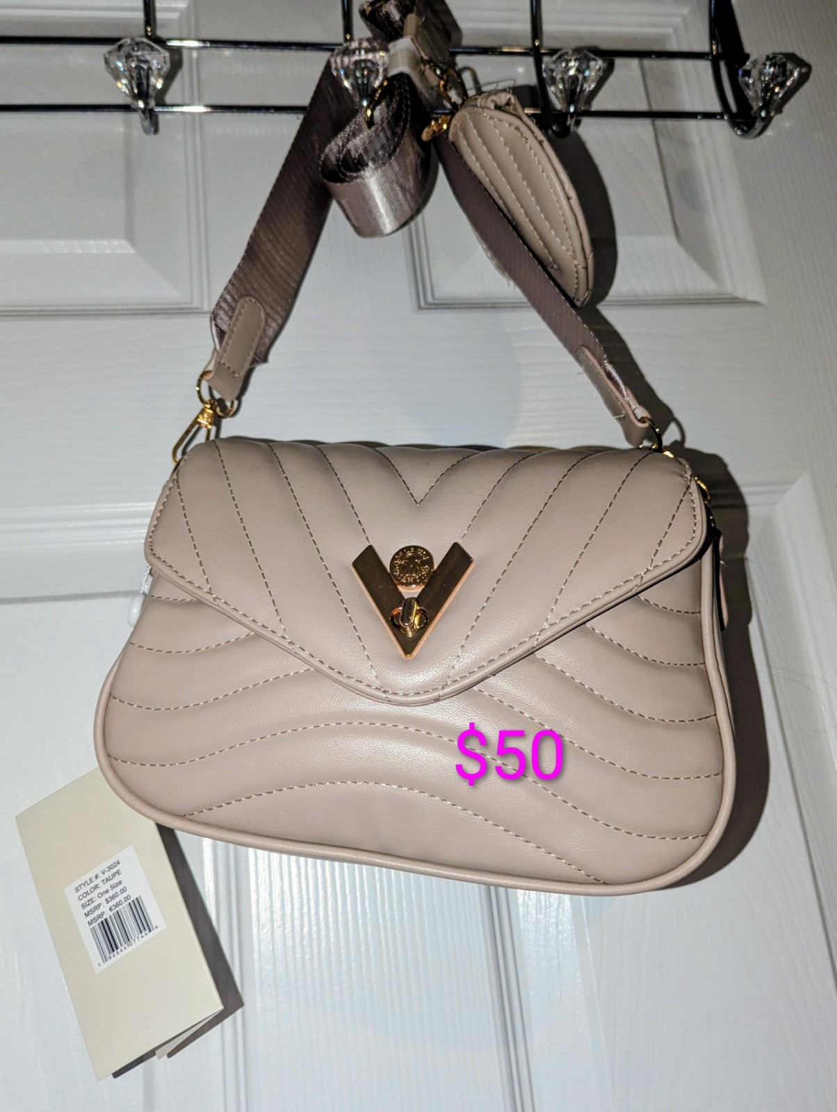 Small Beige Quilted Flap Crossbody Bag Adjustable Detachable Strap Gold Logo