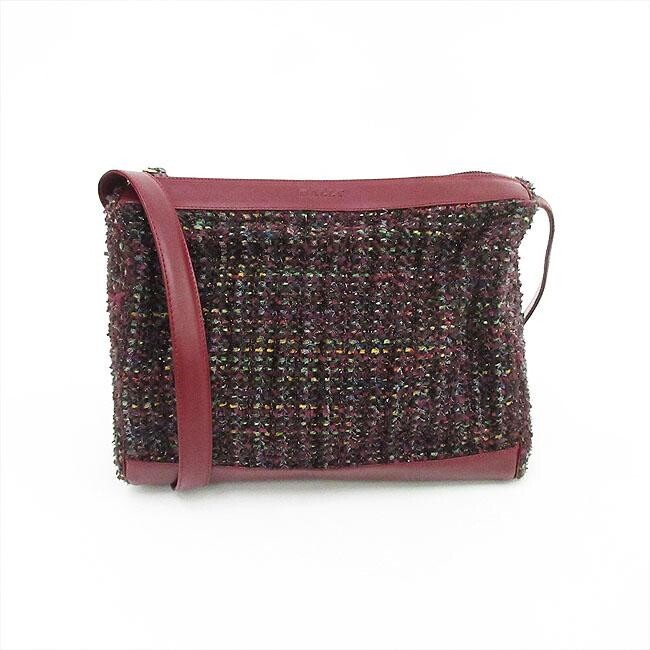 BALLY Bordeaux Tweed Shoulder Bag Zip Women 10.6in Auth