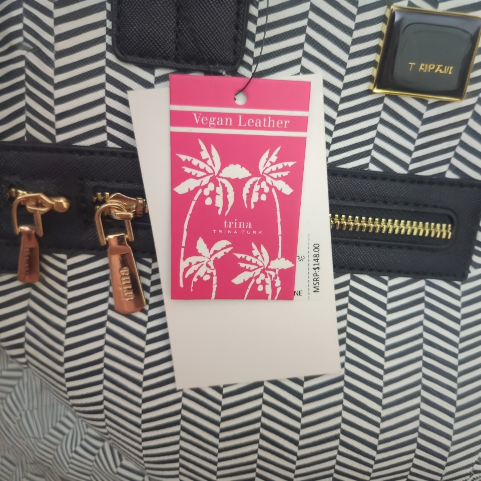 Trina Turk Handbag Tote Large Shoulder Bag Black/White Chevron NWT $148 Read