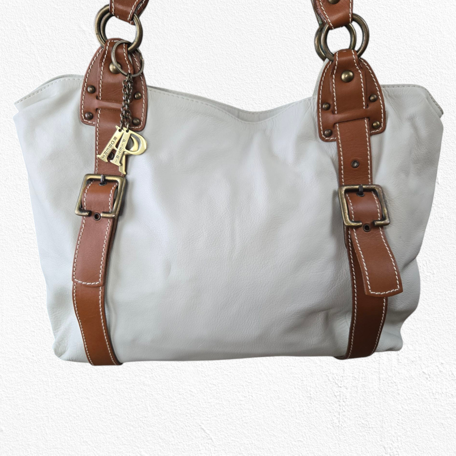 Y2K Robert Pietri White Tan Pebbled Genuine Leather Spacious Tote Shoulder Bag
