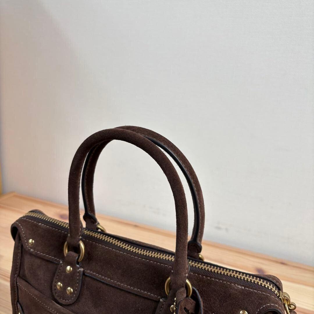 Coach Ryder Satchel Bag 24 Dark Chocolate Suede 2 Way 3 Way Brass Auth