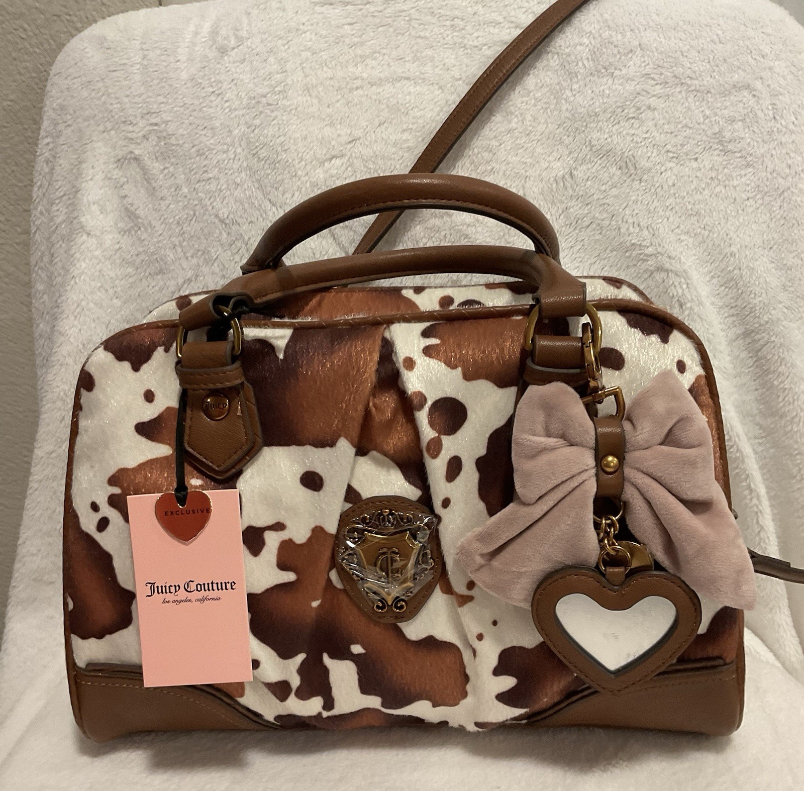Juicy Couture Cow Print Satchel Top Handle Zip w/ Strap Heart Charm