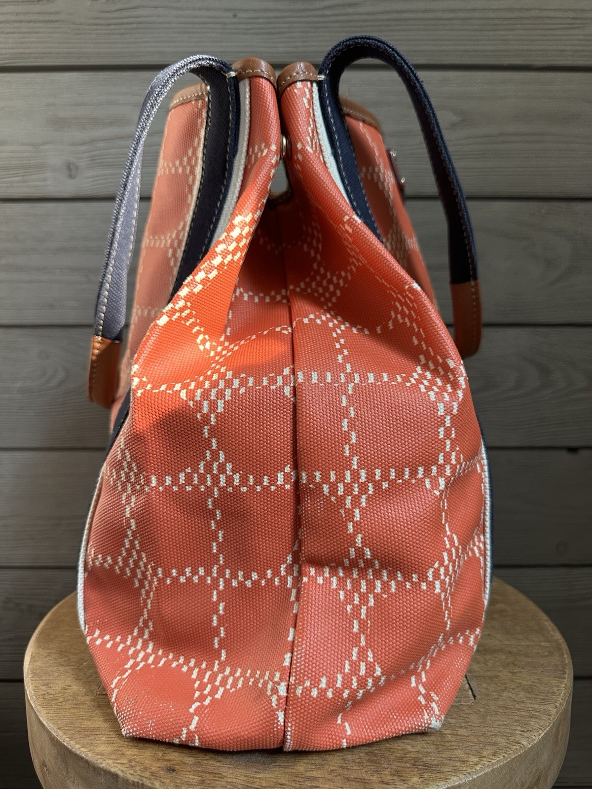 Kate Spade Waverly Noel Coated Canvas Tote Bag Orange Cream Navy Leather Trim