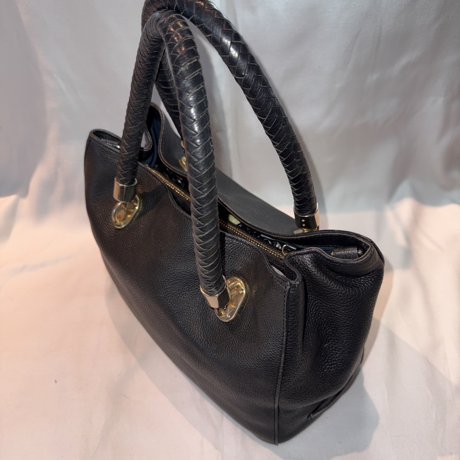 Cole Haan Benson Soft Black Pebbled Leather Tote Bag Braided Handles Purse