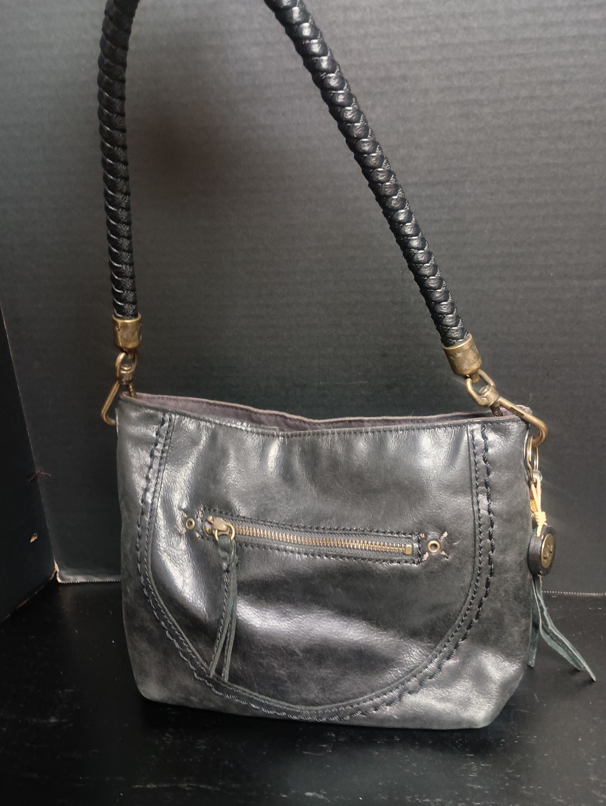 The Sak Indio Hobo Shoulder Bag Black Soft Leather Purse Braided Strap